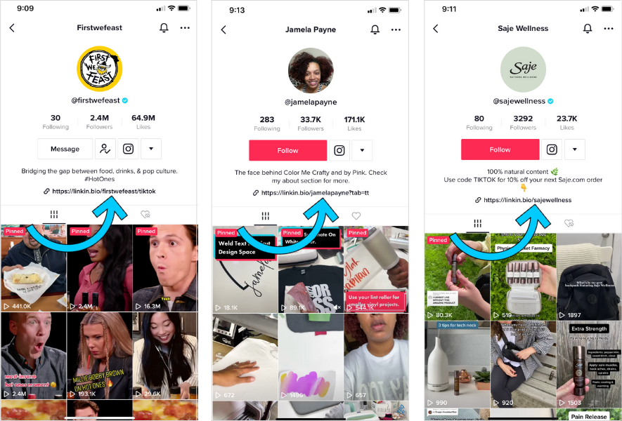 three tiktok profile screenshots from brands and creators that include a link in bio