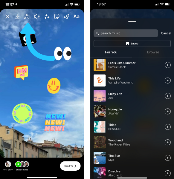 Click the music note on the screen when creating an Instagram story to add music