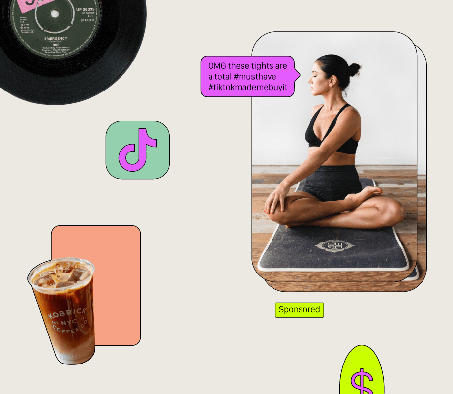 Multiple photos and icons in different colours: a photo of a woman practicing yoga on a mat with the #TikTokMadeMeBuyIt hashtag, the TikTok icon in bright pink with a green background, a money icon in bright yellow and pink, a photo of a coffee. 