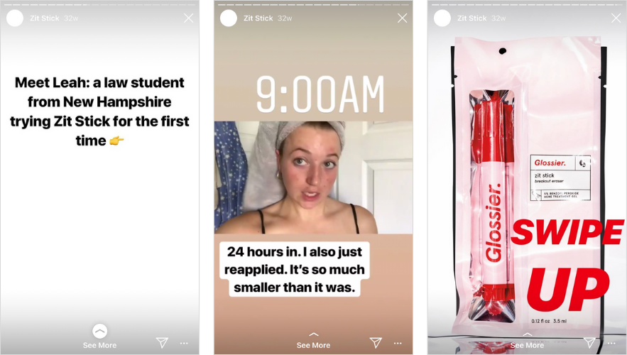 Glossier uses UGC on Instagram Stories to help educate and sell its products.