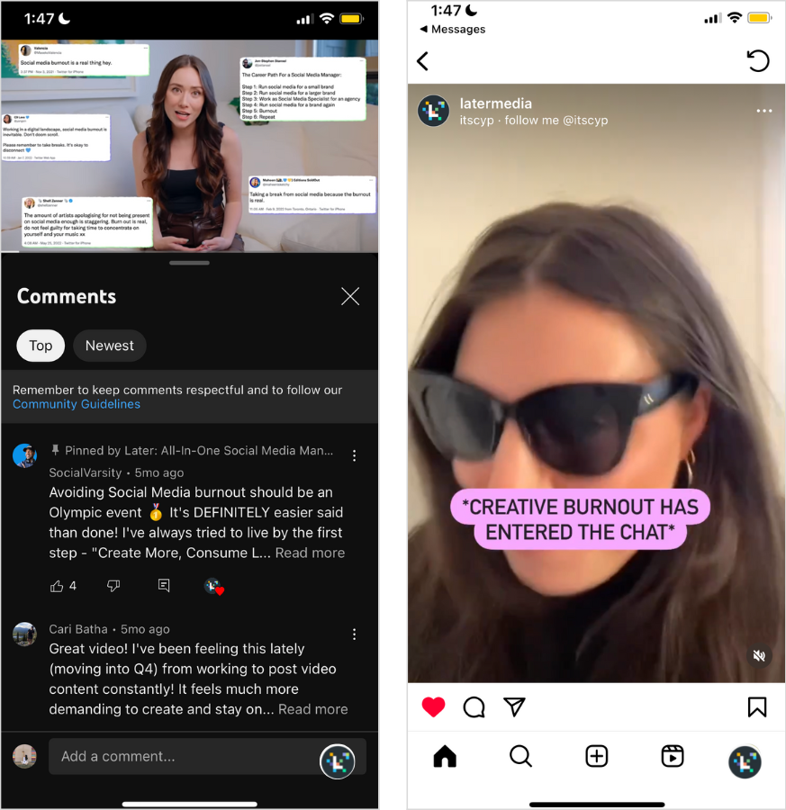 Side by side of "social media burnout" content from Later. On the left, a YouTube video and on the right, an Instagram Reel.