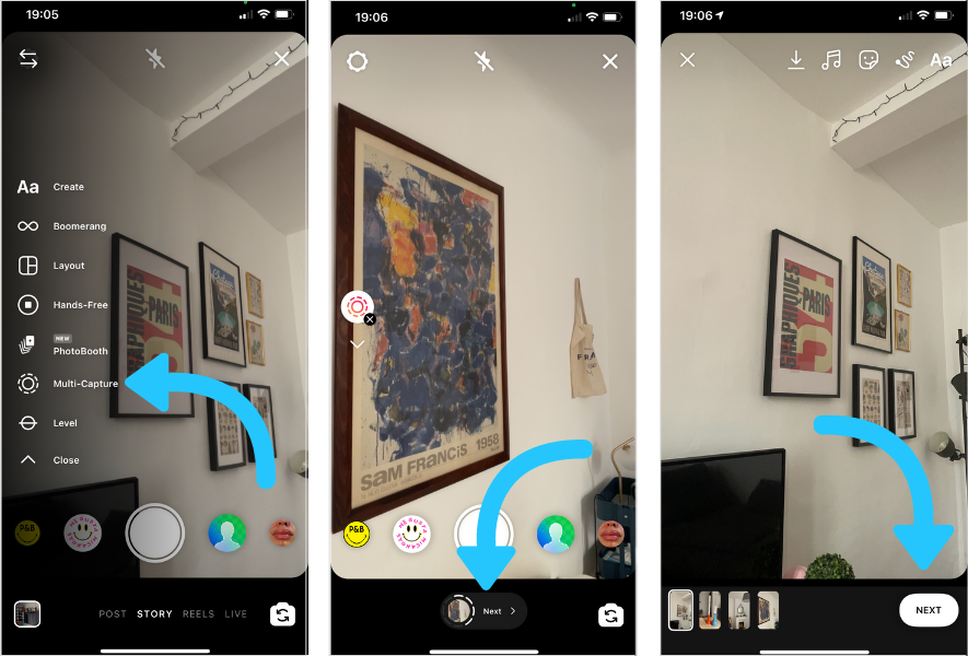 The multi capture tool adds a number of images to your Instagram story at one time