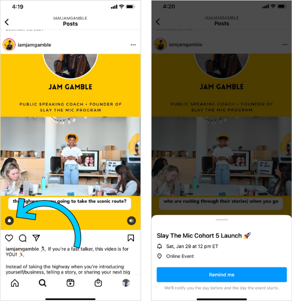 @iamjamgamble's Instagram feed with an arrow pointing at a post with the "Add Reminder" feature. There is a little alert icon that users can click to see event details and opt-in to receive reminder notifications.
