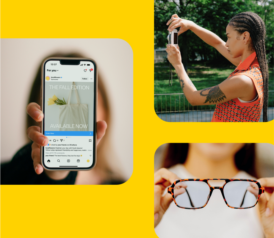 Collage of 3 images - person holding phone, person holding glasses, person taking photo - on a yellow background