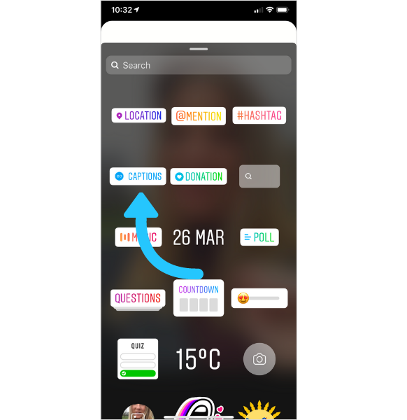 An arrow to the Captions sticker for Instagram stories