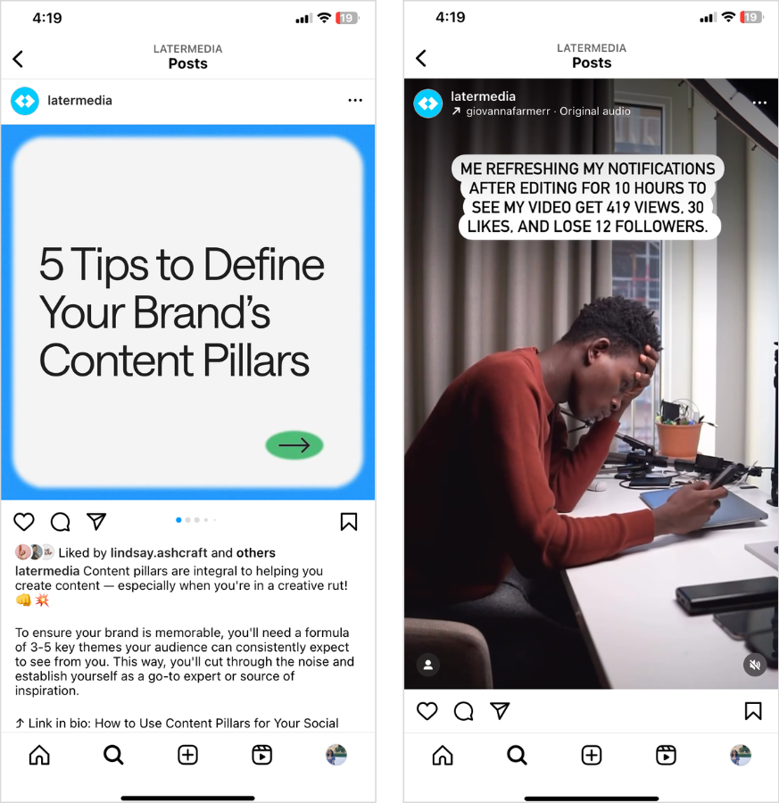 @latermedia diversified content types on Instagram: carousel post & Reel