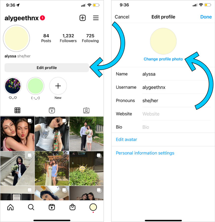 Alyssa's Instagram profile with steps on how to change your profile picture (1/3).