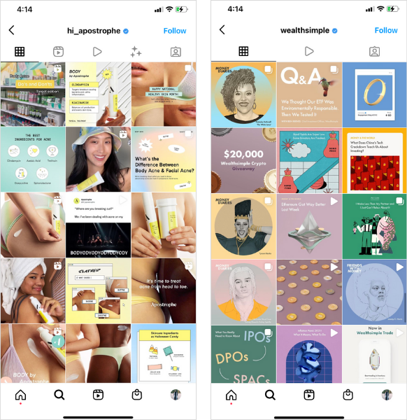 Instagram grid branding examples from Hi Apostrophe and Wealthsimple