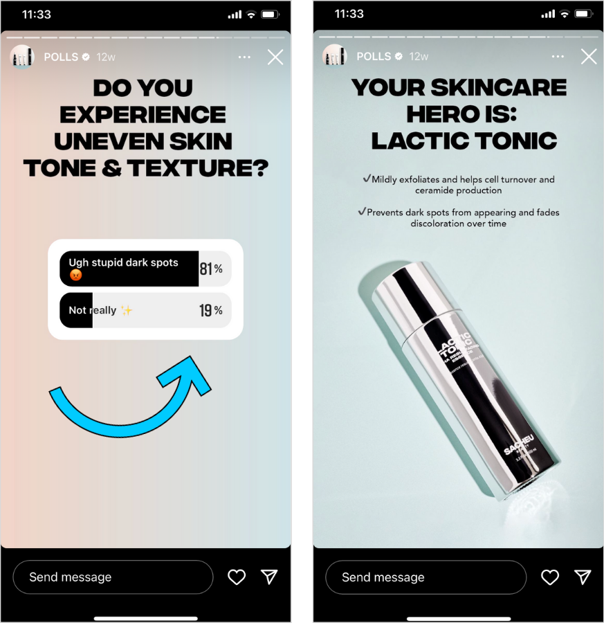 Example of poll sticker for Instagram stories via @sacheubeauty.