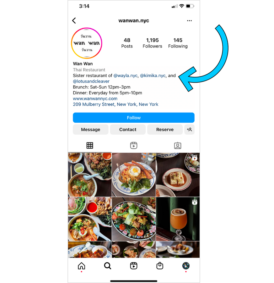 Mobile view of Instagram bio profile: Wan Wan Thai Restaurant