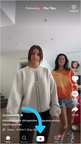 To start adding text, create a new TikTok by tapping the + button on the bottom of your feed.