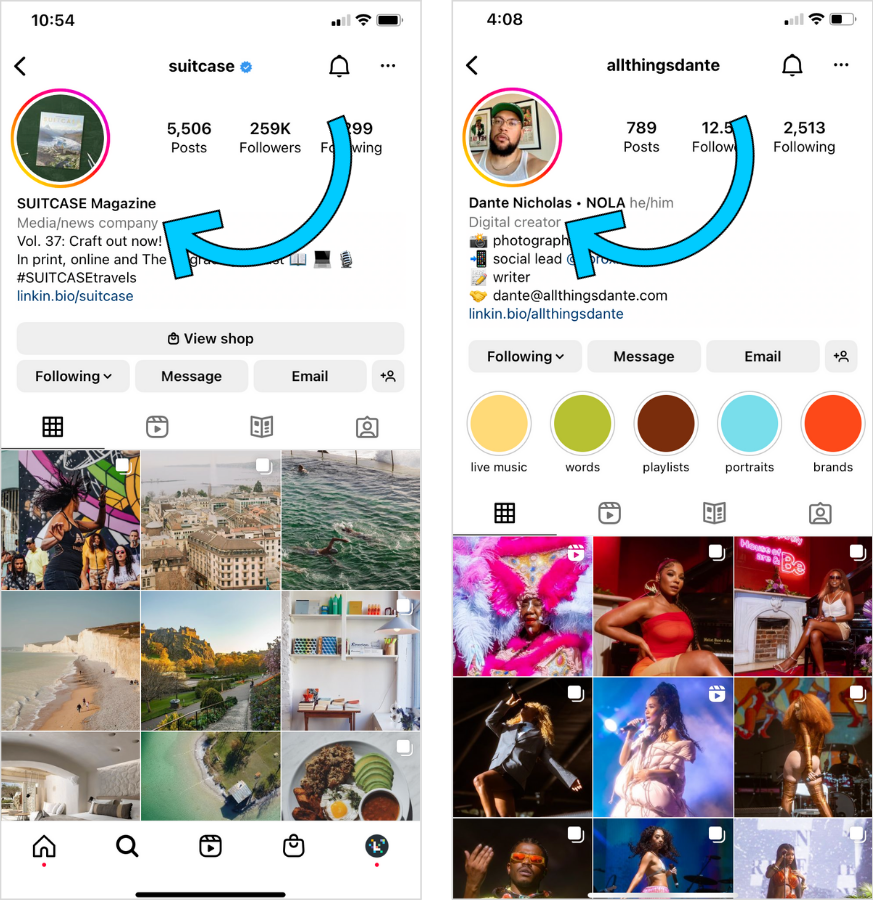 Mobile view of Instagram bio profiles: Suitcase, Dante Nicholas 
