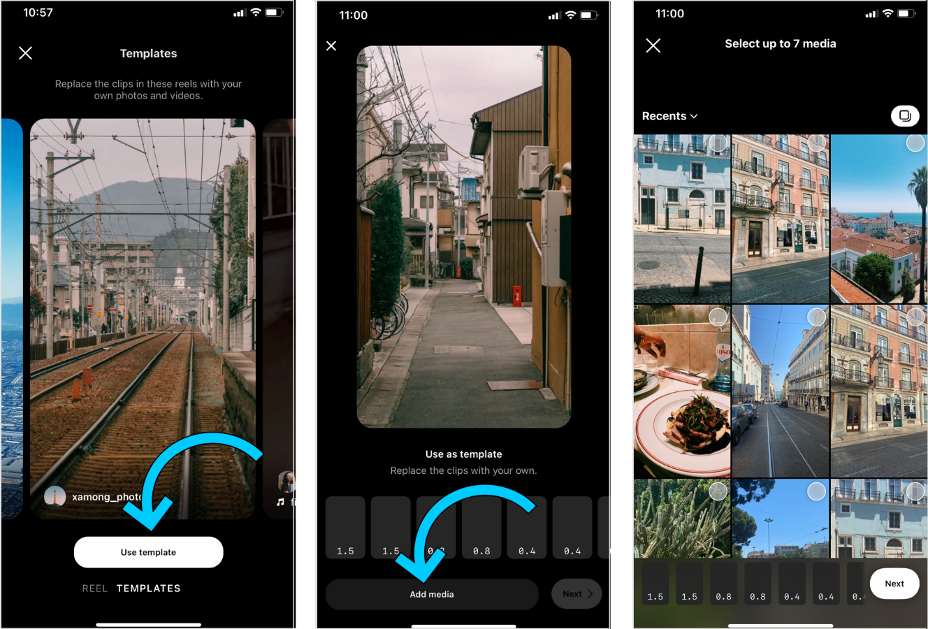 Using the Instagram Reels Templates feature and adding new media