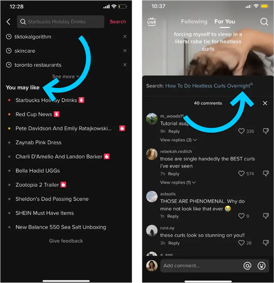 Screenshot x2 of TikTok's suggested keywords in its search bar and comment sections