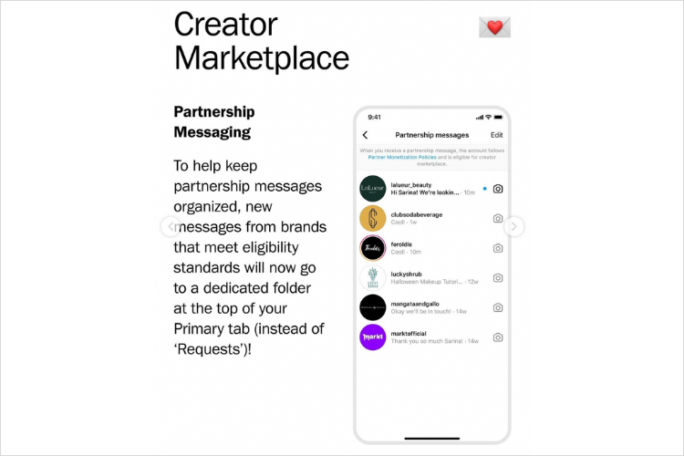 phone with instagram creator marketplace partner messaging open on screen