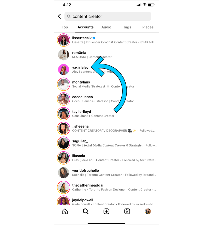 Screenshot of Aley showing up in Instagram's search results when "content creator" is searched. 