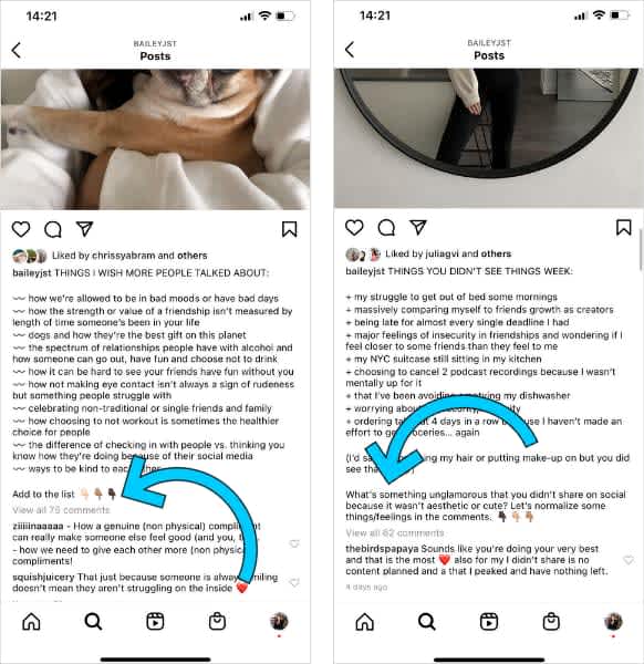 BaileyJST uses calls to action in her Instagram post that lead to comments