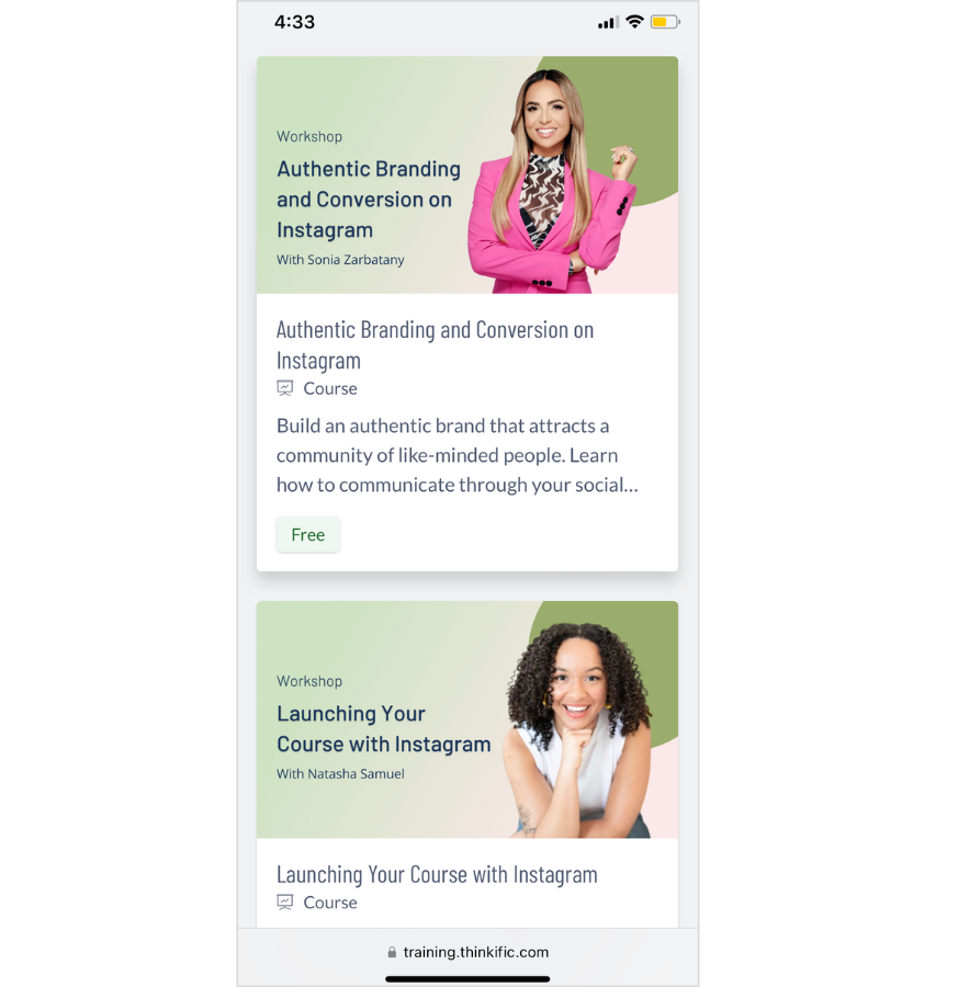 Screenshot of Thinkific courses.