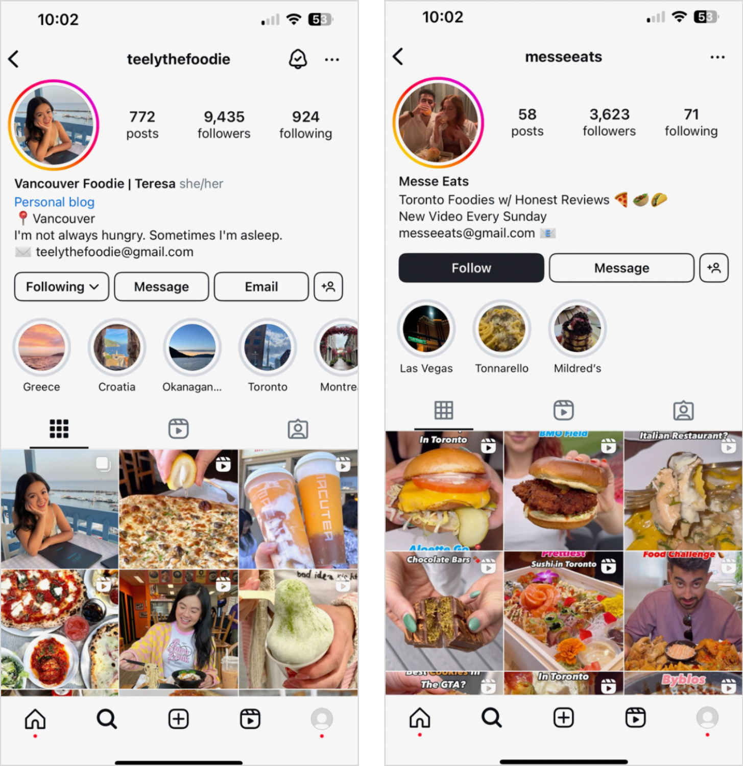Instagram profiles of Micro influencer Teely the Foodie and nano influencer Messe Eats