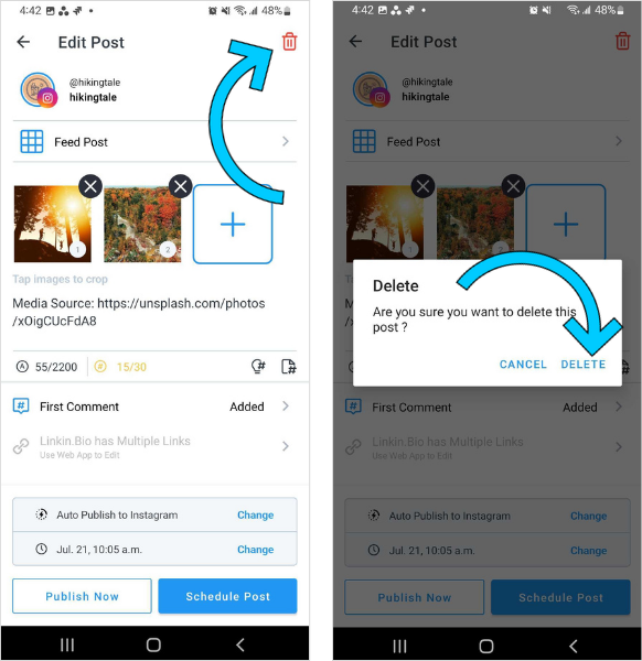 quick schedule on mobile delete post on android