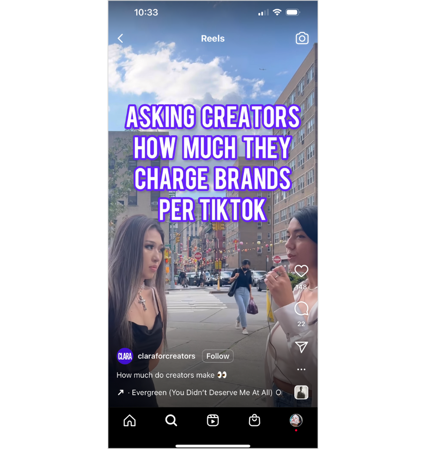 Clara for Creators Instagram Reel asking creators how much they charge brands on TikTok
