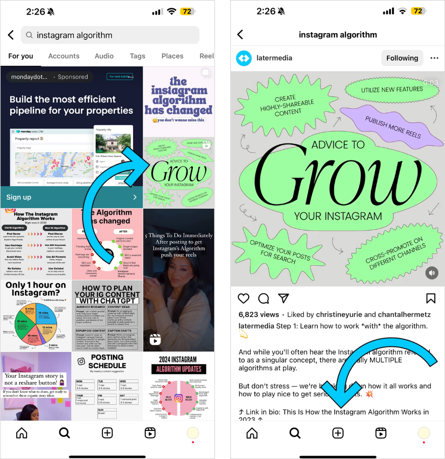 Later media uses the keyword Instagram algorithm in caption to appear for relevant queries on the Explore page