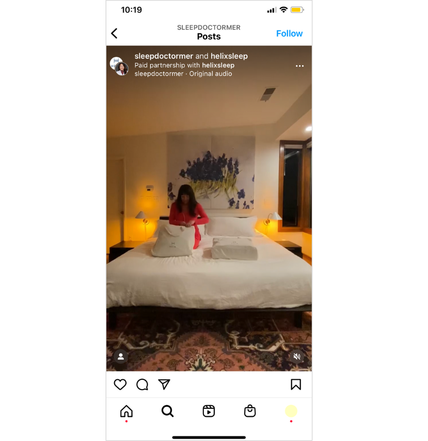 Instagram Collab between Meredith Broderick and Helix Sleep.