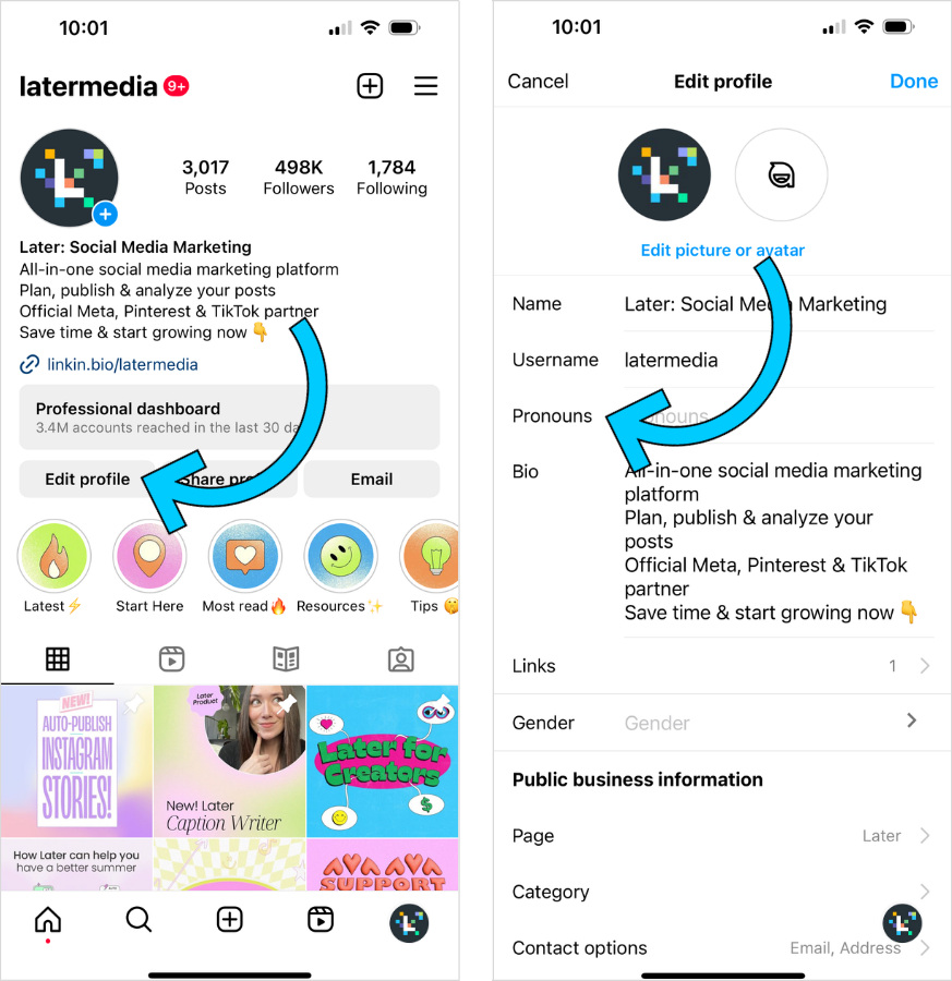 Instagram bio - add pronouns