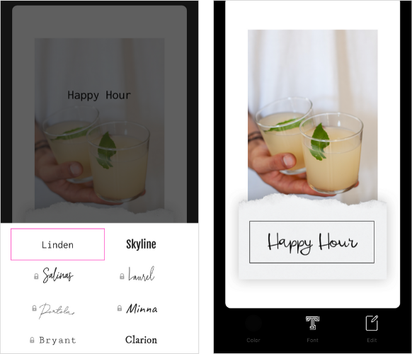Once you’ve chosen your favorite template, you can easily add text and customize it using the in-app text editor.