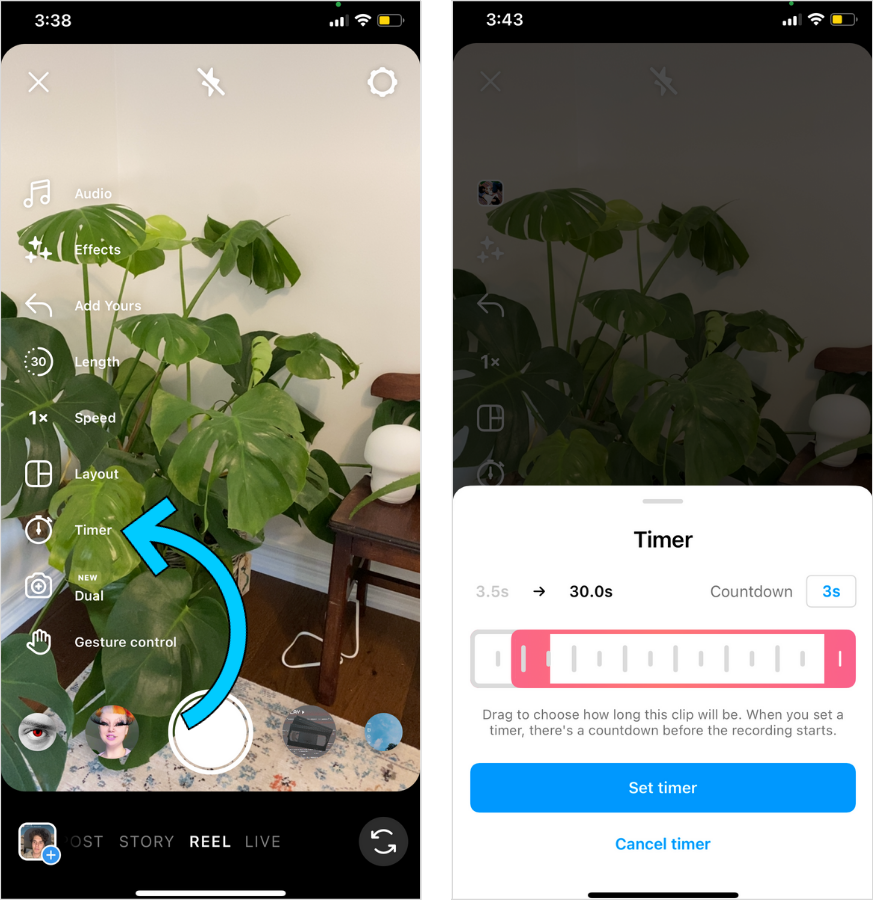Illustrated steps on how to set a timer when recording Instagram Reels. 
