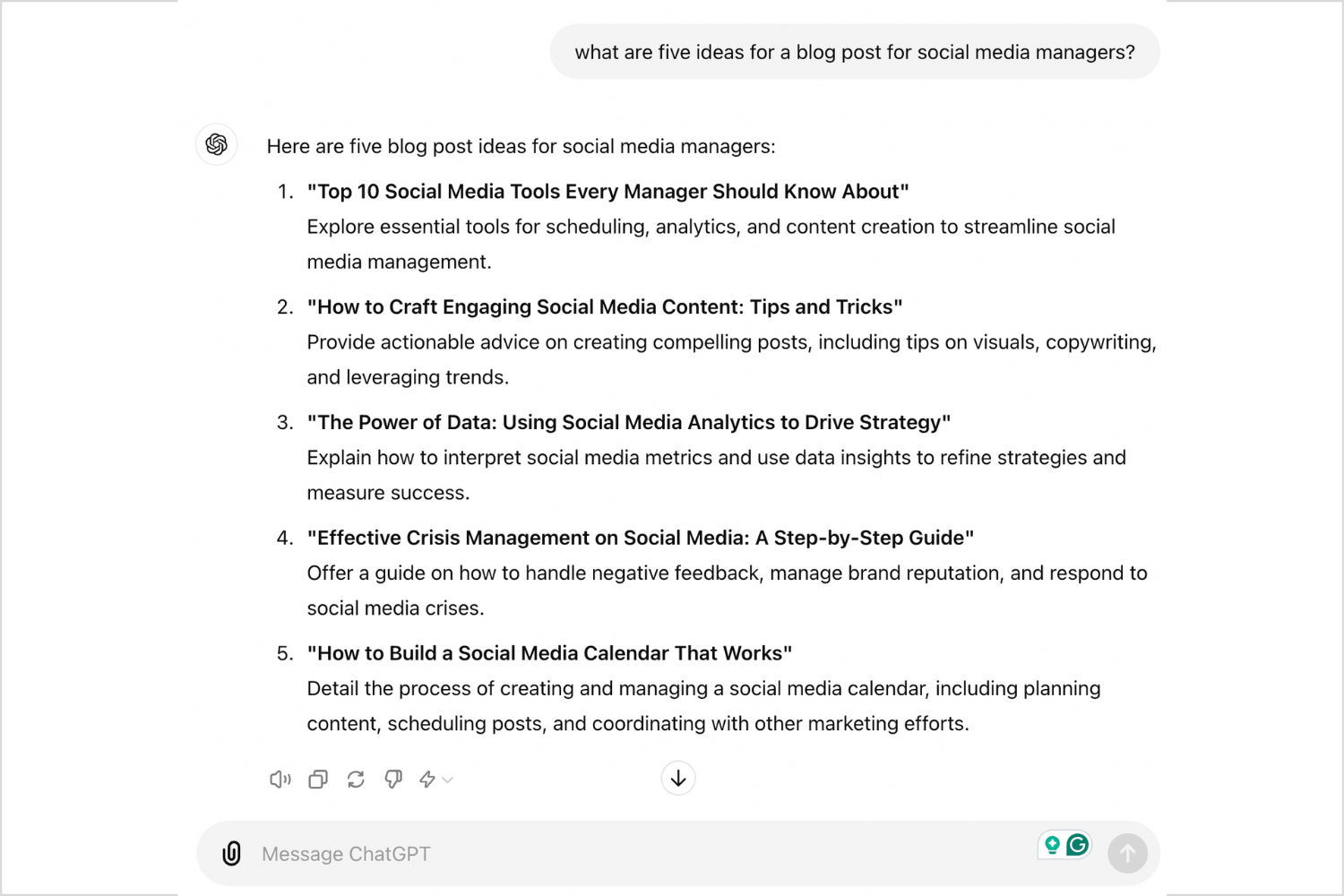 Marketer asks chat gpt for five ideas for blog posts for social media managers