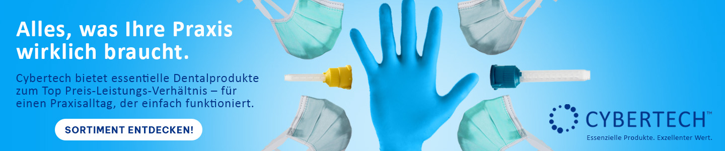 Cybertech: Alles, was Ihre Praxis wirklich braucht. Cybertech bietet essentielle Dentalprodukte zum Top Preis-Leistungsverhältnis. Jetzt entdecken. - Bild enthält noch einzelne Einwegartikel, wie Masken, Applikatoren und Handschuhe.