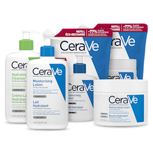 Sex produkter från CeraVe: Hydrating Cleanser, Moisturising Lotion i två storlekar, Moisturising Cream, samt två refillförpackningar av Hydrating Cleanser.