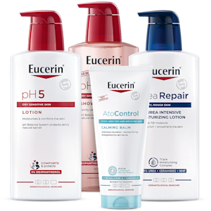 Eucerin kroppsvårdsprodukter: lotion, duscholja och balm för torr och känslig hud i flaskor och tub.