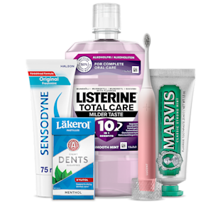 Tand- och munvårdsprodukter: Sensodyne tandkräm, Läkerol sockerfria tuggpastiller, Listerine Total Care, Be Lucent eltandborste och Marvis tandkräm.