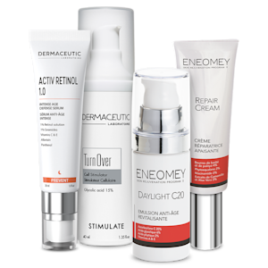Fyra produkter från Dermaceutic och Eneomey: Dermaceutic Activ Retinol 1.0, Dermaceutic TurnOver, Eneomey Daylight C20 och Eneomey Repair Cream.
