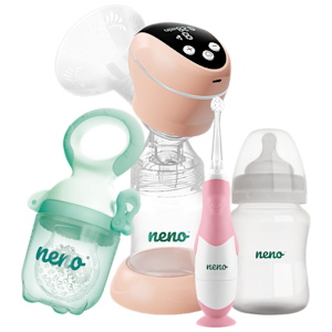 Neno babyprodukter: bröstpump, nappflaska, eltandborste och matningsnapp i rosa, mintgrönt och vitt.