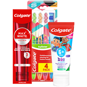 Tre produkter från Colgate: Max White Ultra Active Foam tandkräm, Twister Soft tandborstar 4-pack och Big Smiles 6+ Years tandkräm.