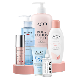 Sju hudvårdsprodukter: Eucerin Anti-Pigment Dual Serum, Eucerin DermatoCLEAN Hyaluron rengöring, ACO Body Lotion Rich, ACO Intimate Care Cleansing Oil, ACO Face Day dagkräm, Kind Hydration Serum och Eucerin rengöringsgel för känslig hud.