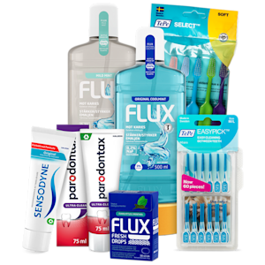 Sju produkter för tand- och munvård: Flux Mild Mint munskölj, Flux Original Coolmint munskölj, Sensodyne Original tandkräm, Parodontax Ultra Clean tandkräm, Flux Fresh Drops sugtabletter, TePe Select Soft tandborstar och TePe Easypick mellanrumsborstar.