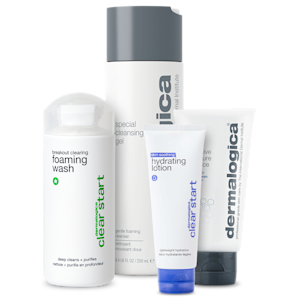 Fyra produkter från Dermalogica: Clear Start Breakout Clearing Foaming Wash, Special Cleansing Gel, Clear Start Skin Soothing Hydrating Lotion och Active Moist Moisturiser.
