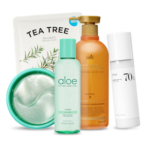 Samling av utvalda K-beauty produkter.