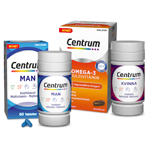 Omega-3 multivitamin, Man multivitamin och Kvinna multivitamin från Centrum.