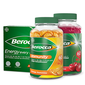 Kosttillskott från Berocca: brustabletter och gummies i smakerna apelsin och körsbär.