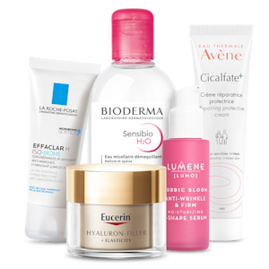 Fem olika produkter från La Roche-Posay, Bioderma, Avène, Eucerin och Lumene i en klunga.