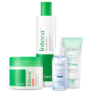 Make P:rem hudvårdsprodukter: toner, serum, lugnande pads och solskydd i gröna och vita förpackningar.