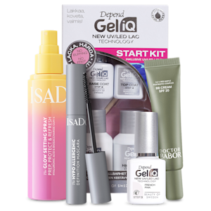 Fem produkter från IsaDora, Depend och Doctor Babor: IsaDora The Glow Setting Spray, IsaDora Hypoallergenic Definition Mascara, Depend Gel iQ Start Kit, Depend Gel iQ French Pink och Doctor Babor BB Cream SPF 20.