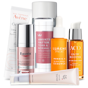 En samling hudvårdsprodukter från olika varumärken, stående tätt tillsammans. Bilden visar bland annat Avène reparerande kräm, Eucerin Anti-Pigment serum, ett ansiktsvatten från ACO, Lumene Nordic-C Glow Boost Essence, ACO Glow Booster-serum och en rosa tub från Beauty of Joseon.