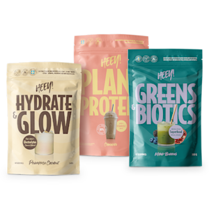 Tred kosttillskott från Heey!: Hydrate & Glow Pineapple Coconut, Plant Protein Chocolate och Greens & Biotics Mixed Berries.