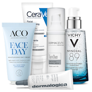 Fem produkter från ACO, CeraVe, Dermaceutic, Dermalogica och Vichy: ACO Face Day Moisturising Day Cream, CeraVe Facial Moisturising Lotion, Dermaceutic TurnOver, Dermalogica Awaken Peptide Eye Gel och Vichy Minéral 89 Booster.